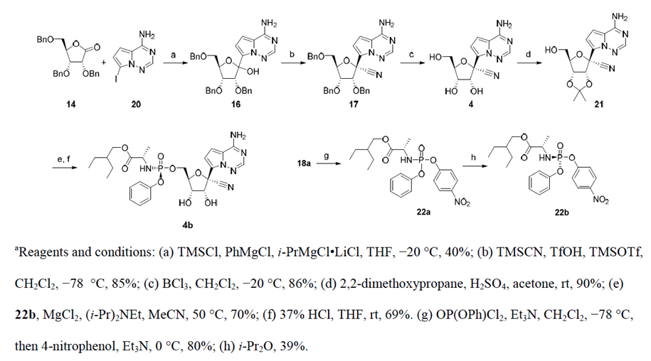 图五是瑞德西韦(remdesivir)初始合成工艺,该路线使用内酯14和